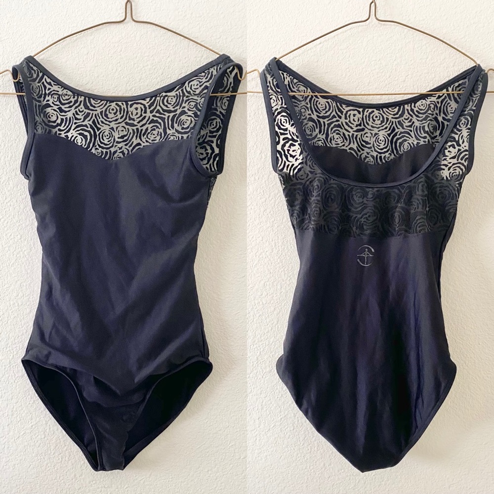 Wear Moi Black Boatneck Rose Mesh Tank Leotard